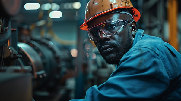 Industrial worker wearing a hard hat, safety glasses, and protective clothing in a factory setting, emphasizing the importance of personal protective equipment (PPE) and workplace safety.