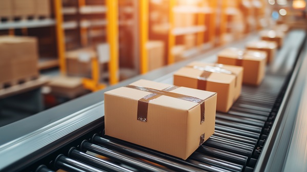 Cardboard boxes moving along a conveyor belt in a warehouse setting with shelving in the background.