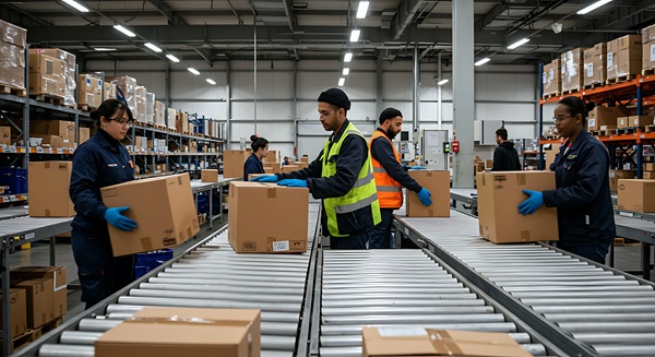 Warehouse workers wearing safety gear moving cardboard boxes along a conveyor system in a large industrial facility.