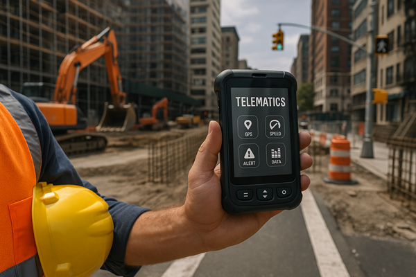A construction worker at a New York City job site holds a rugged telematics device displaying GPS, speed, alert, and data functions, with excavators, orange safety barrels, and urban buildings in the background.