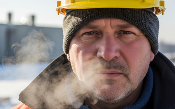 Close-up of a serious-looking construction worker in a yellow hard hat and knit beanie, with his breath visibly clouding in the cold air.