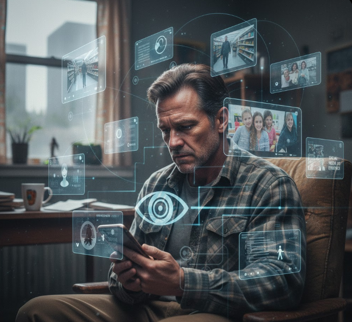A man in a plaid shirt sits in a chair, looking intently at a tablet, surrounded by floating holographic screens displaying video clips and data, suggesting digital surveillance or data monitoring.