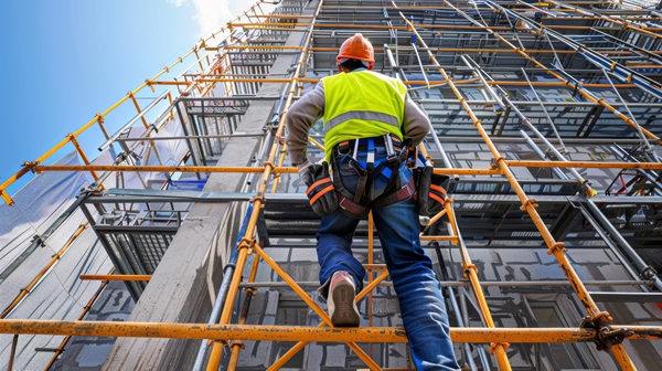 A construction worker wearing a safety harness, orange hard hat, and yellow vest climbs a tall, complex metal scaffolding structure against a clear blue sky.