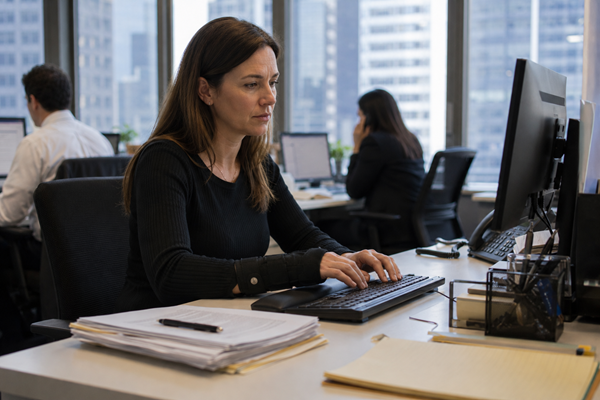 A woman with an arm brace works at a desktop computer in a New York City office with stacks of documents on her desk and colleagues visible in the background, depicting the repetitive keyboard and computer work associated with carpal tunnel syndrome and disputed workers' compensation claims in New York.