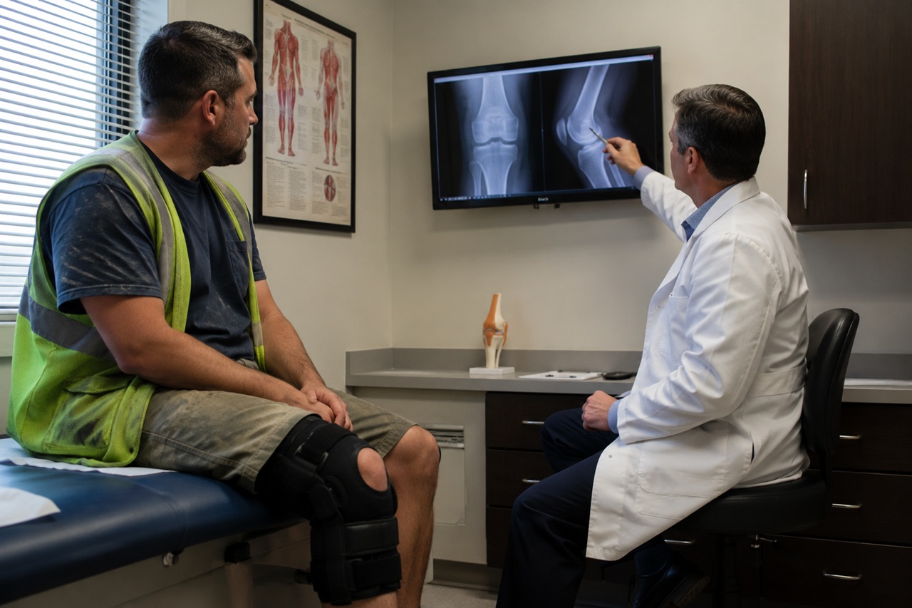 An orthopedic doctor points to a knee X-ray on a digital monitor while discussing treatment options with an injured construction worker wearing a high-visibility safety vest and a heavy knee brace.