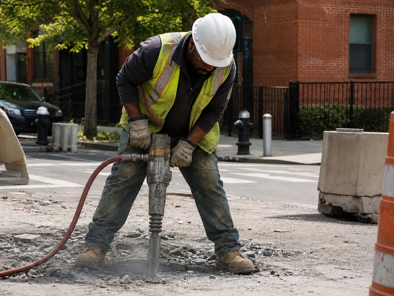 A New York City construction worker in a high-visibility vest and white hard hat operates a pneumatic jackhammer on a city street, gripping the vibrating tool with both gloved hands while concrete debris and dust scatter around his feet, depicting the type of prolonged hand-arm vibration exposure that can cause hand-arm vibration syndrome and support a workers' compensation claim in New York.
