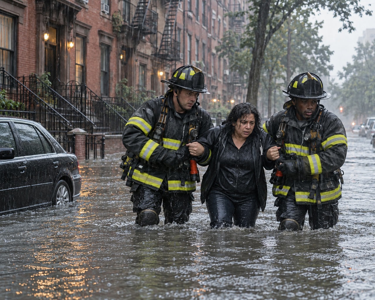 Two firefighters helping a woman through knee-deep floodwater on a New York City street during heavy rain.